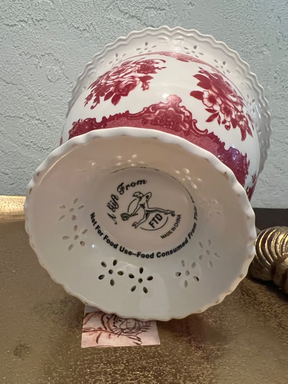 #1817*Vintage-Style White Pedestal Bowl with Red Floral Transferware - Picture 5 of 13